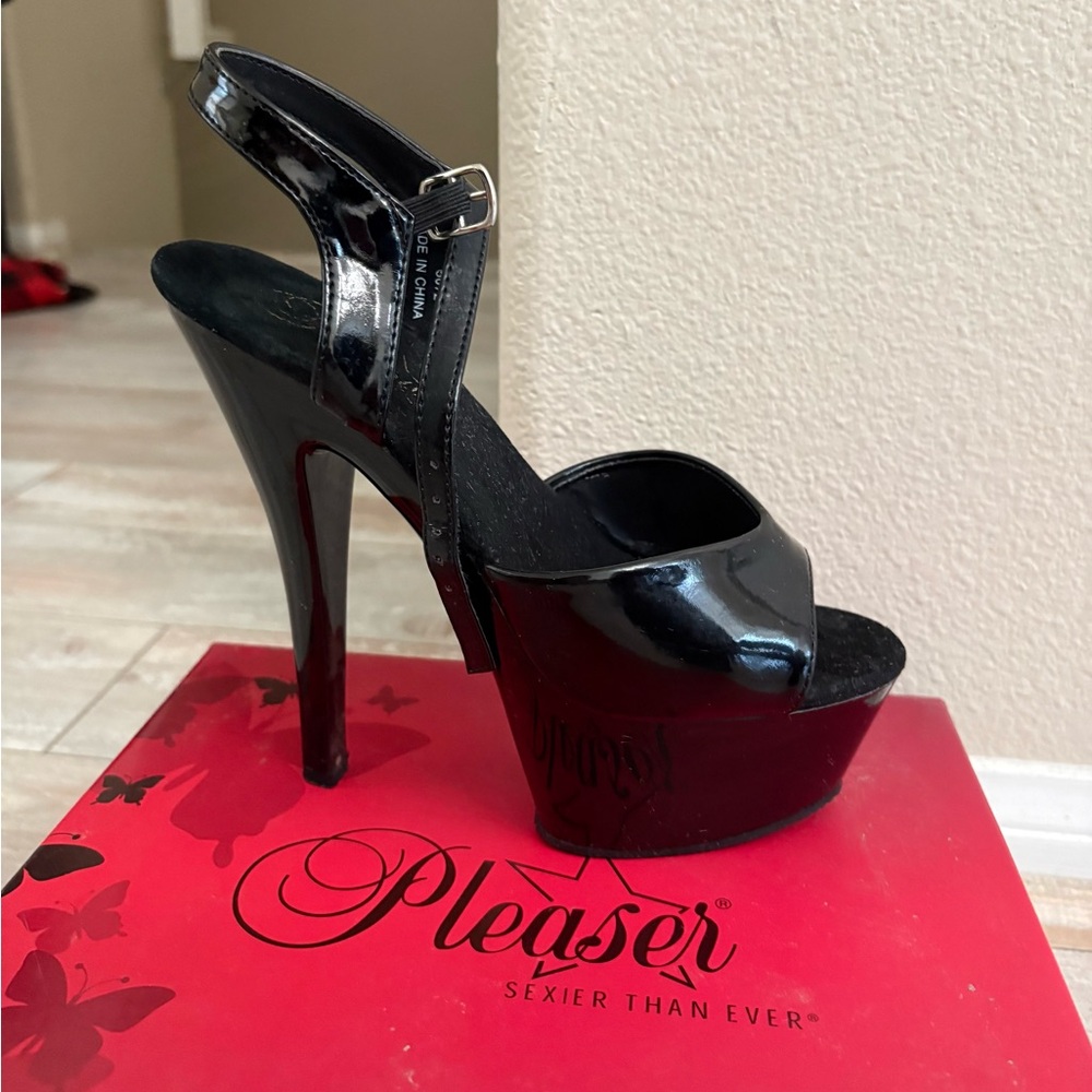 Pleaser Black Patent Platform Peep-Toe Slingback Heels